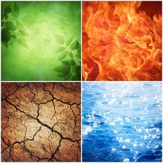 four different images with water and fire in them, all showing the same color scheme