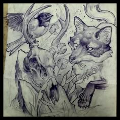 a drawing of two cats and birds on paper