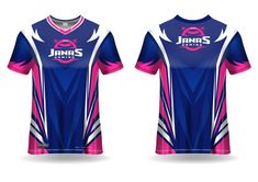 the front and back view of a soccer jersey for jam's sportswear, which is also available in pink and blue