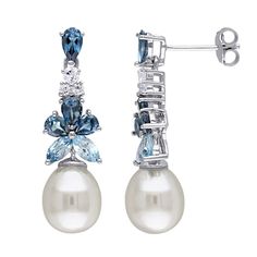 Blue and white topaz gemstones give these freshwater cultured pearl drop earrings sophisticated style. Comes in a gift box.EARRING DETAILSLength: 1.17 in. Backings: postMetal: sterling silverCULTURED PEARL DETAILSType: freshwaterShape: riceSize: 8.5-9 mmColor: whiteSTONE DETAILSType: genuine blue, white & sky blue topazTotal weight: 2.52 ct.Shape: round, pear, marquiseSetting: prongGemstones may have been treated to enhance their appearance. Special care may be required. Please visit our Gem Silver Pearl Earrings, Sky Blue Topaz, Sterling Silver Flowers, Blue Jewelry, Freshwater Cultured Pearls, London Blue Topaz, London Blue, Blue Earrings, Pearl Drop Earrings