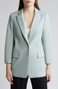 A soft shade and supple texture define a sumptuous leather blazer cut in a classic silhouette. 30" length Hidden-button closure Peaked lapels Front flap pockets Lined Leather Professional leather clean Imported Modern Spring Blazer With Structured Boning, Chic Blazer With Structured Boning For Business, Chic Structured Boning Blazer For Business, Elegant Spring Blazer With Structured Boning, Elegant Spring Blazer With Hidden Button Closure, Spring Office Blazer With Structured Boning, Elegant Spring Blazer With Pressed Crease, Elegant Business Blazer For Spring, Chic Office Blazer With Structured Boning