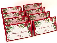 red and green christmas place cards with holly berry design on them, set of 6