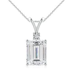 Crafted in 18k white gold, this v-bale pendant will make a great addition to your daily rotation. It features a dazzling emerald-cut lab-grown diamond that steals the show with its irresistible brilliance. The lab-grown diamond accent further elevates the design’s luxurious look. Formal Emerald Cut Diamond Necklace, Emerald Cut Diamond White Diamond Necklace, Silver Emerald-cut Diamond Necklace With Prong Setting, Timeless Emerald Cut Solitaire Necklace In Diamond White, Timeless Emerald Cut Diamond White Solitaire Necklace, White Cubic Zirconia Emerald-cut Diamond Necklace, White Emerald Cut Diamond Necklace For Formal Occasion, Emerald Cut Solitaire Necklace In Diamond White, White Gold Diamond Necklace With Emerald Cut