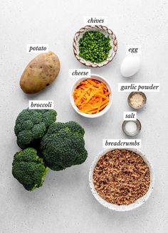 broccoli, cauliflower, carrots and other ingredients are arranged in bowls