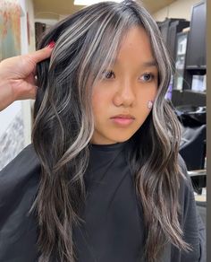 Fun Hair 2023, Gray Hair Balayage Brunettes, Partial Grey Highlights, Silver Ash Balayage On Dark Hair, Low Lights Grey Blending, Salt And Pepper Balayage, Asian Gray Hair, Grey Balayage Brunettes, Grey Blending Highlights Going Gray