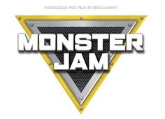 the monster jam logo is shown in white and yellow with silver lettering on it,