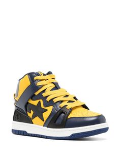 Find A BATHING APE® Bape Sta93 Hi M2 Sneakers on Editorialist. ochre yellow/midnight blue calf leather panelled design signature Star Bolt motif signature BAPE STA™ logo perforated toebox round toe front lace-up fastening flat rubber sole Ape Bape, Beige Sneakers, Ochre Yellow, Navy Sneakers, Yellow Sneakers, Bathing Ape, Grey Sneakers, Sneakers Blue, Sneakers Grey