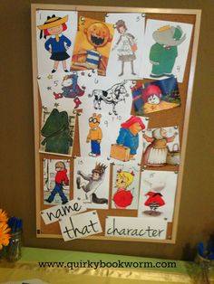 a bulletin board with pictures of children's characters and name that character written on it