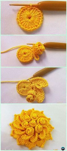 crocheted flowers are being made with yarn