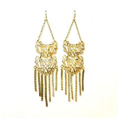 Gold Chandelier Bohemian Luxe Diamante Chain Statement Evening Earrings Gold Tassel Diamante Dangle Earring. I Love The Design Of These Earrings, And The Finish Is So Beautiful. Length : 4 " Width 1" Very Unique Earrings With Beautiful Crystal Stones Throughout, Dress Up Up Or Wear Em Down! Chainsgoldandsilver Gold Chandelier Earrings Chandelier Bohemian Statement Boho Filigree Woman Luxe Vintage Jewelry Mystic Messenger Earring Handmade Drop Resin Handmade Custom Weird Quirky Fun Big Dangle Dan Gold Bohemian Chandelier Earrings, Gold-tone Drop Chandelier Earrings, Sleek Jewelry, Gold-tone Brass Dangle Chandelier Earrings, Gold-tone Gold Plated Dangle Chandelier Earrings, Elegant 14k Gold Drop-shaped Chandelier Earrings, Purple Dangle Earrings, Bunny Jewelry, Light Blue Roses