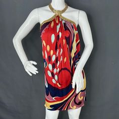 Vintage Y2k 2000’s Sky Multicolored Mini Dress With Gold Braid Metal Halter Size Small. Awesome Dress, Never Worn, Still Has Tags, Features Lining At Bust, Stretchy Material Featuring An Awesome Psychedelic Print. One Or Two Tiny Nicks On Dress Due To Metal Halter. Approximate Measurements While Laying Flat 12 Inches Across Underarms 13 Inches Across Waist 17 Inches Across Hips 27 Inches From Underarm To Bottom Hem Please Look Carefully At Pictures And Ask Questions Prior To Purchasing. Please N Red Y2k Mini Dress, Red Y2k Summer Dress, Red Y2k Style Summer Dress, Y2k Red Mini Dress, Multicolor Silk Mini Dress, Multicolor Silk Mini Dress For Party, Silk Multicolor Mini Dress For Party, Multicolor Y2k Style Dresses For Spring, Multicolor Sleeveless Silk Mini Dress