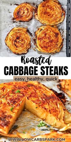 roasted cabbage steaks on a baking sheet with text overlay