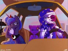 three cartoon characters sitting in the drivers seat of a car, one with an evil look on her face