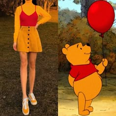 a woman standing next to a winnie the pooh cartoon with a red balloon in her hand