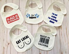 Fun baby bibs  Eat local and Spit happens or customize your own  Sublimated designs made from polyester materials Bib Designs Ideas, Bib Decorating Ideas, Bib Sayings Funny, Cricut Bibs, Baby Bib Ideas, Baby Onsies Ideas, Funny Bibs, Diy Baby Bibs, Funny Baby Bibs