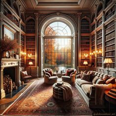 a living room filled with lots of furniture and bookshelves next to a fire place