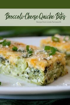 broccoli cheese quiche bites on a white plate with green garnish