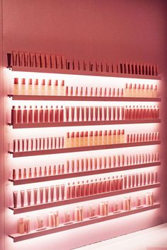 the shelves are filled with many different types of cosmetics