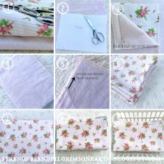 the instructions for how to fold napkins with flowers on them are shown in pictures