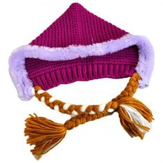 a purple and white knitted hat with tassels on the side, sitting next to a rope