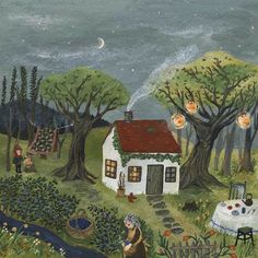 a painting of a house in the middle of a field with trees and people around it