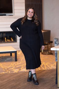 Midi length Knit dress Front seam detail Long sleeve Sizing Plus size model wearing size 2x Plus size model wearing 1X Fabric 45%Viscose 27%Nylon 28%PBT Care Sweater Dress Black, Womens Tights, Head Scarf, Midi Length, Knit Dress, Dress Black, Dresses For Sale, Dress Skirt, Sweater Dress