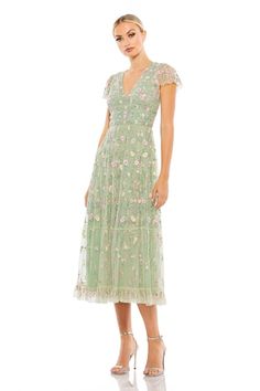 Green mesh dress featuring floral embroidery all over with sheer ruffle cap sleeves. - Aza Fashions V Neck A Line Dress, Short Wedding Guest Dresses, Unique Prom Dresses, Semi Formal Dresses, Short Cocktail Dress, V Neck Midi Dress, Mac Duggal, Line Dress, Flutter Sleeve Dress