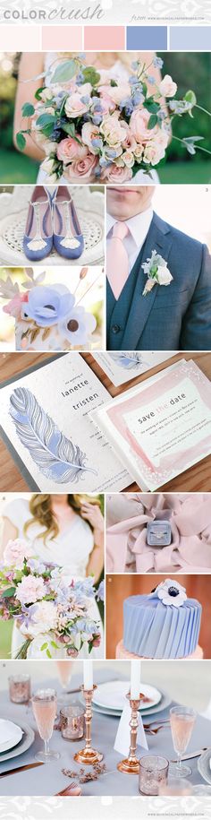 a collage of wedding photos with flowers, feathers and shoes on the table in front of them