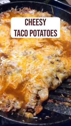 cheesy taco potatoes on the grill with text overlay that reads cheesy taco potatoes