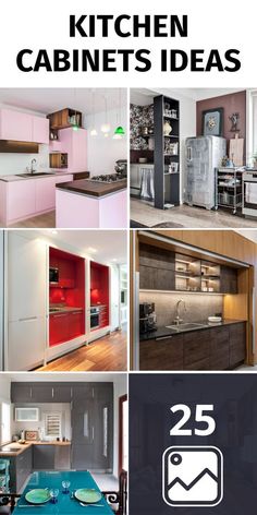 the kitchen cabinets are all different colors and sizes