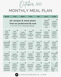 the free printable meal plan for this month's menu is shown in green and white