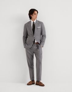 Virgin wool and silk lightweight hopsack formal fit trousers The tailored feel of these trousers is defined by the elegant qualities of virgin wool and silk natural fibers, which revisit hopsack with an extremely fluid and comfortable effect. Their formal fit offers regular proportions both through the seat and along the leg. Classic Silk Dress Pants For Work, Semi-formal Wool Suit With Straight Pants, Tailored Wool Suits With Tapered Leg, Wool Suits With Tapered Leg For Business, Semi-formal Suit With Tapered Leg, Semi-formal Suits With Straight Pants, Semi-formal Tapered Leg Suit, Classic Formal Linen Dress Pants, Classic Linen Dress Pants For Formal Occasions