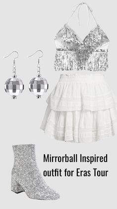 a white dress and silver booties with the words mirrored inspired outfit for eras tour