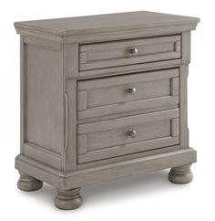 a gray nightstand with three drawers and two pulls on the bottom, one drawer open