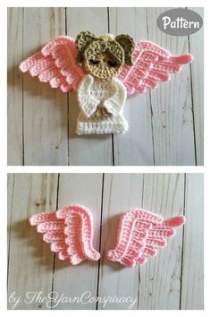 crocheted teddy bear with angel wings is shown on the left and right side