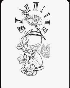 a black and white drawing of a clock with flowers