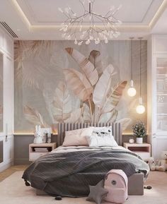 a bedroom with a large wall mural behind the bed and chandelier hanging from the ceiling