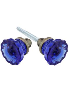 pair of blue glass knobs with gold plated top and screw head, on white background