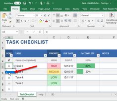 the task checklist is displayed in an excel spreadsheet with red arrow pointing to it