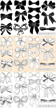 various bows and ribbons are shown in black and white, as well as the outlines for