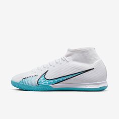 the nike merance soccer shoe in white and blue