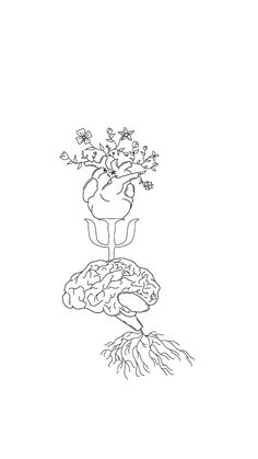 a black and white drawing of a vase with flowers in it sitting on top of a brain