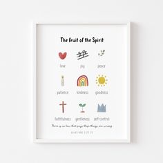 the fruit of the spirit poster on a white wall with a cross and other symbols