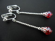 A pair of pretty long red crystal   bead   dangly clip on earrings. Long Red, Red Crystals, Ebay Fashion, Clip On, Ear Piercings, Crystal Beads, Clip On Earrings, Diy Jewelry, Jewelry Earrings Dangle