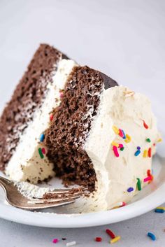 a slice of chocolate cake with white frosting and sprinkles on a plate