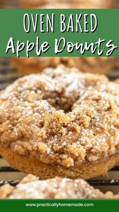 baked apple donuts on a cooling rack with the words oven baked apple donuts