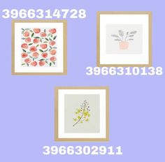 three framed pictures with flowers in them on a purple background, and the numbers 3 - 8