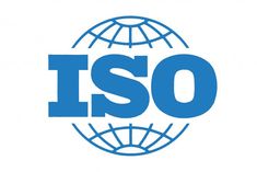 the iso logo on a white background with blue letters and a globe in the middle