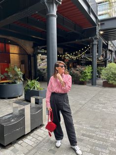 Stripe shirt styling Stripped Blouse Outfit, Red Check Shirt Outfit Women, Red Striped Top Outfit, Checked Shirt Outfit Women, Red Checked Shirt Outfit, Vertical Striped Shirt Outfit, Red Striped Shirt Outfit, White Striped Shirt Outfit