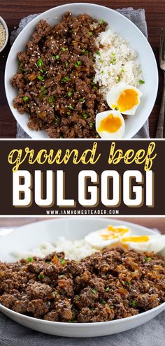 ground beef with eggs and rice in a white bowl